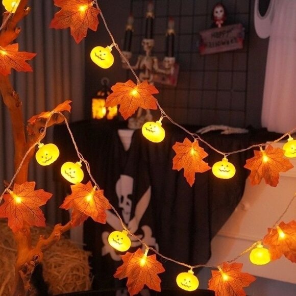16" LED String Lights with Pumpkin & Maple Leaf - Halloween Decoration - Picture 1 of 6